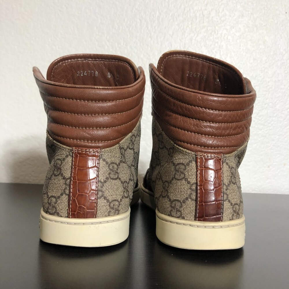 SOLD Gucci 224778 GG Imprime High Top Authentic Brown Crocodile Trim Men’s 8.5 - Picture 8 of 13